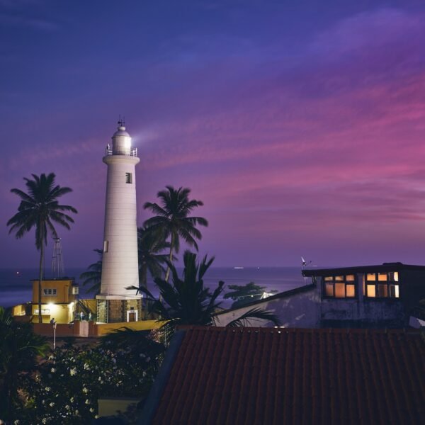 Lighthouse in fort in Galle. Old town in Sri Lanka at sunset.