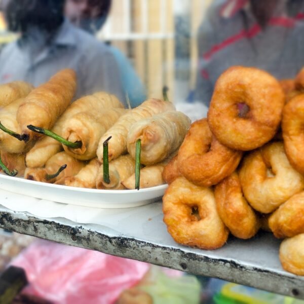 Showcase with street food in Sri Lanka.